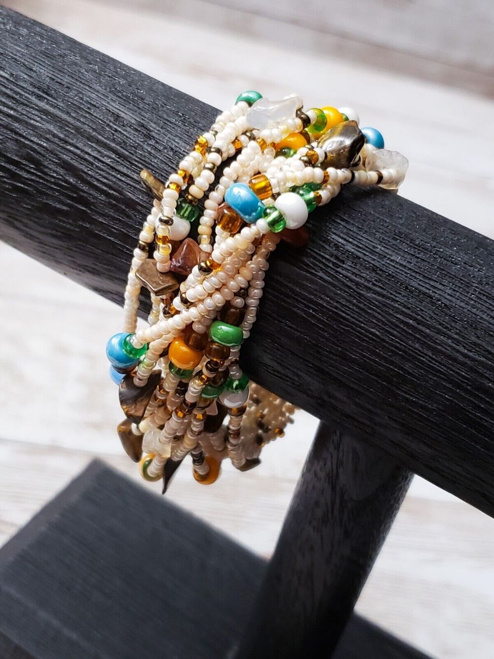 Vintage Bracelet / Bangle - Cream & Multi Colored Beads 7.25"